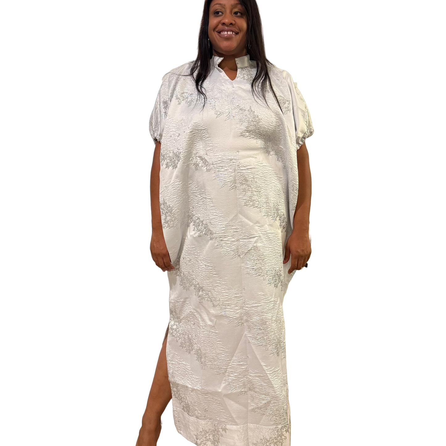 White Brocade African Maxi Dress: Modern Bubu/Boubou Gown