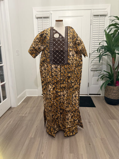 African Women Embroidered Brocade Batik/Adire Print Kaftan/Bubu