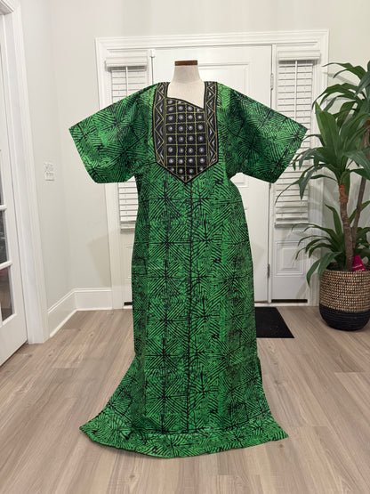 African Women Embroidered Brocade Batik/Adire Print Kaftan/Bubu