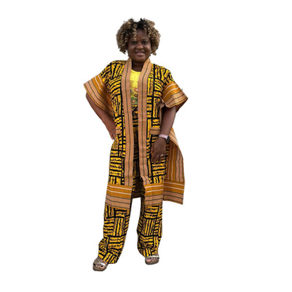 Modern Style African Print Ankara Aso-Oke/Kente Kimono 2p Pant Set