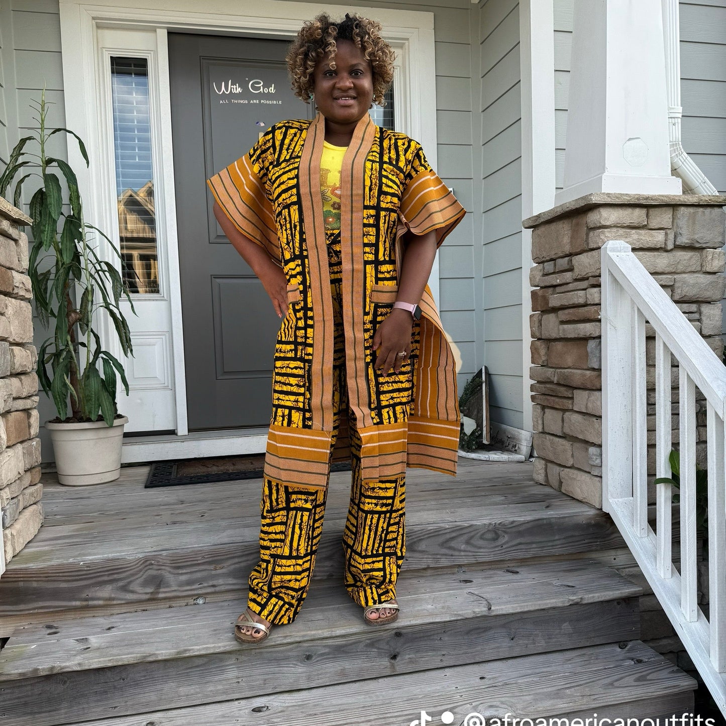 Modern Style African Print Ankara Aso-Oke/Kente Kimono 2p Pant Set