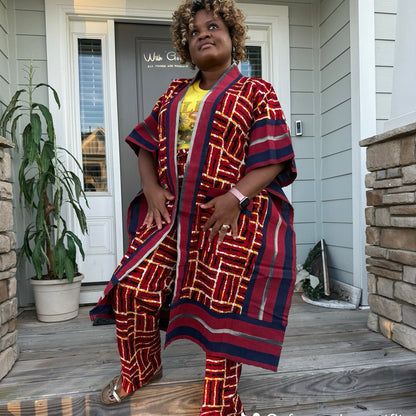 Modern Style African Print Ankara Aso-Oke/Kente Kimono 2p Pant Set