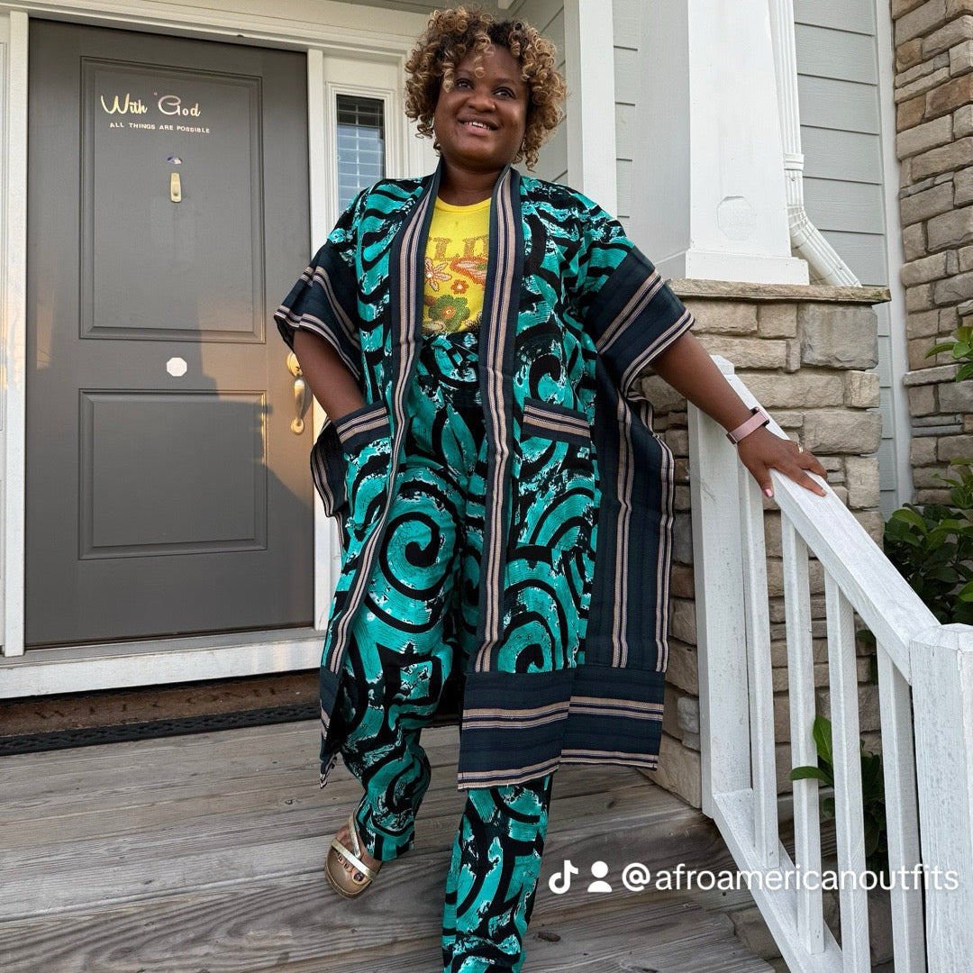 Modern Style African Print Ankara Aso-Oke/Kente Kimono 2p Pant Set