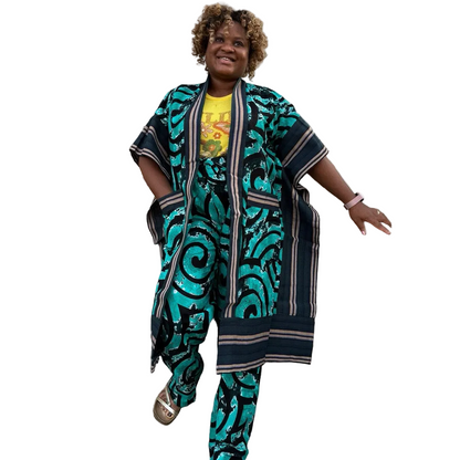 Modern Style African Print Ankara Aso-Oke/Kente Kimono 2p Pant Set