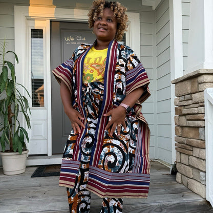Modern Style African Print Ankara Aso-Oke/Kente Kimono 2p Pant Set