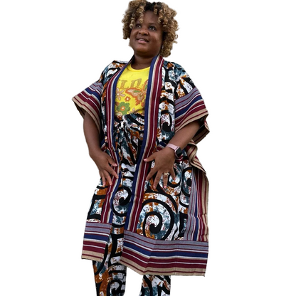 Modern Style African Print Ankara Aso-Oke/Kente Kimono 2p Pant Set
