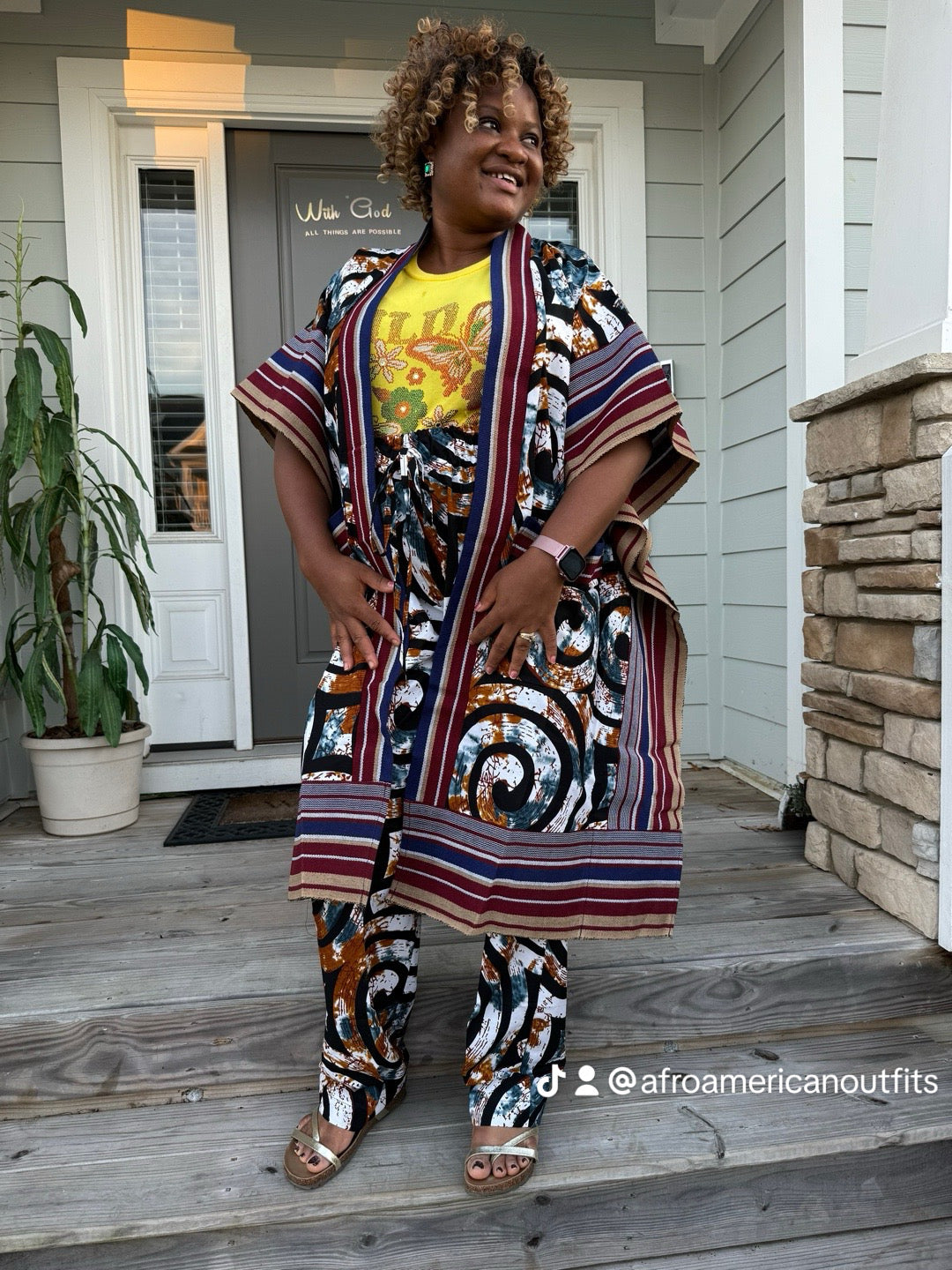 Modern Style African Print Ankara Aso-Oke/Kente Kimono 2p Pant Set