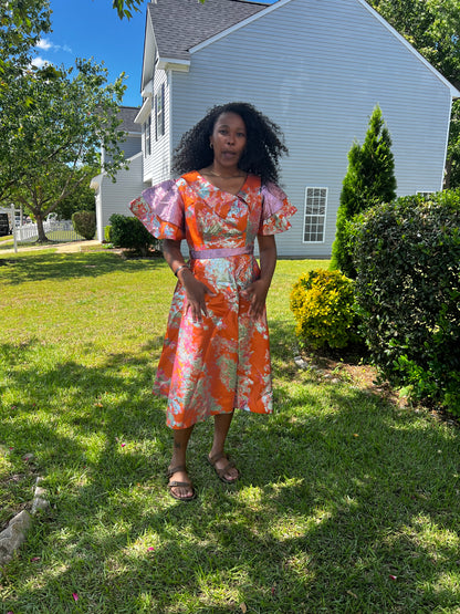 African Unique Luxury Damask Brocade Flare Dress