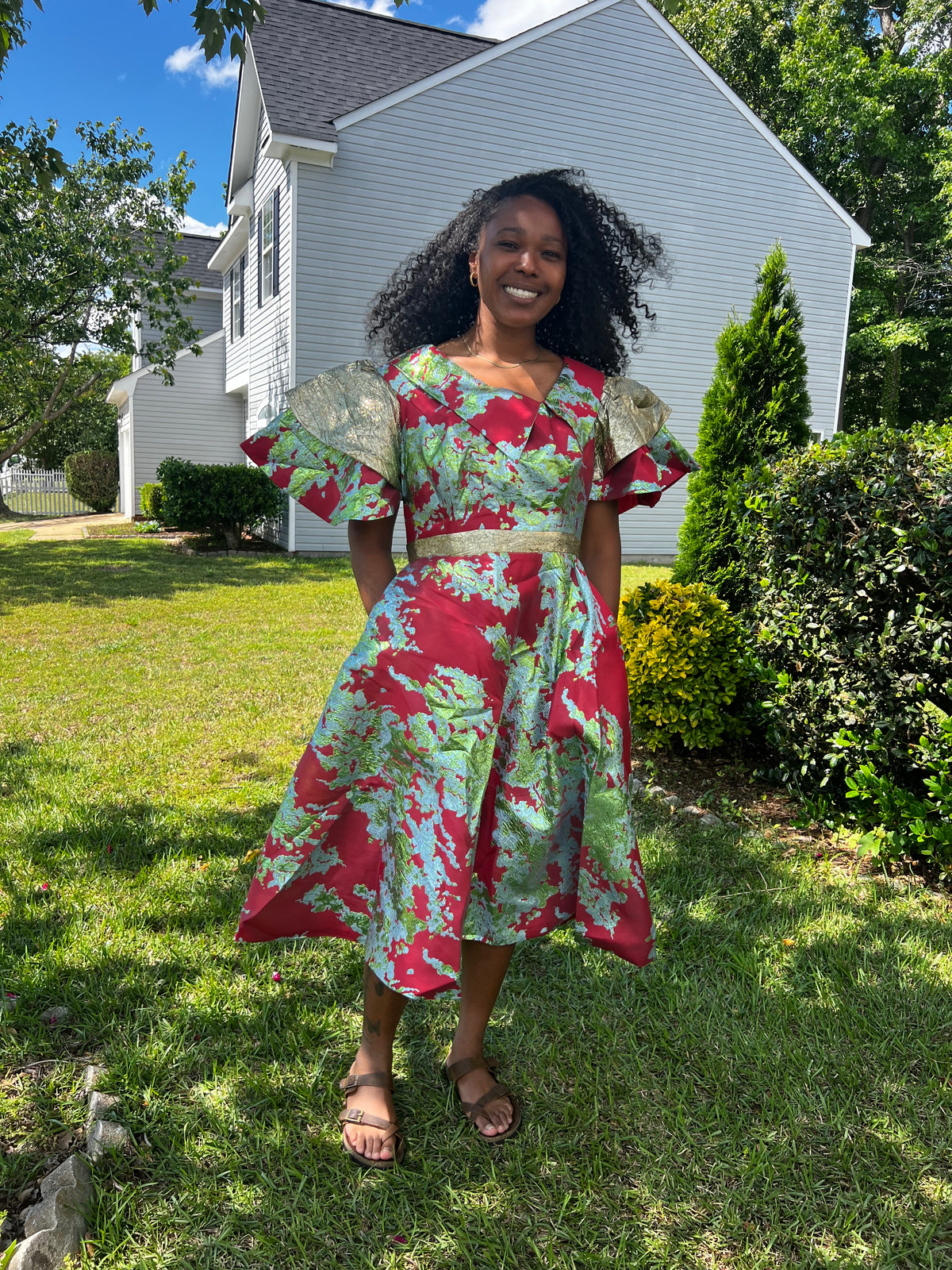 African Unique Luxury Damask Brocade Flare Dress