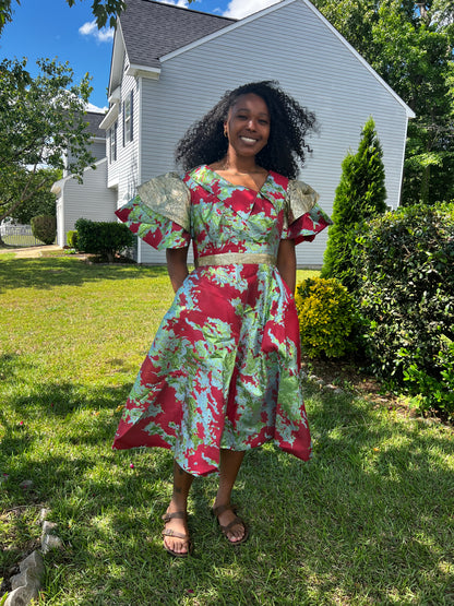 African Unique Luxury Damask Brocade Flare Dress