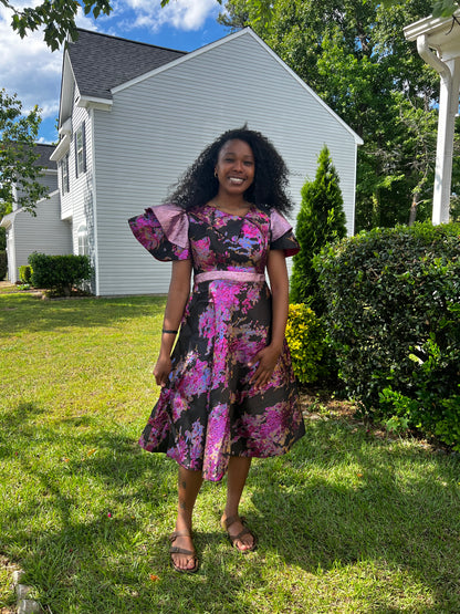 African Unique Luxury Damask Brocade Flare Dress
