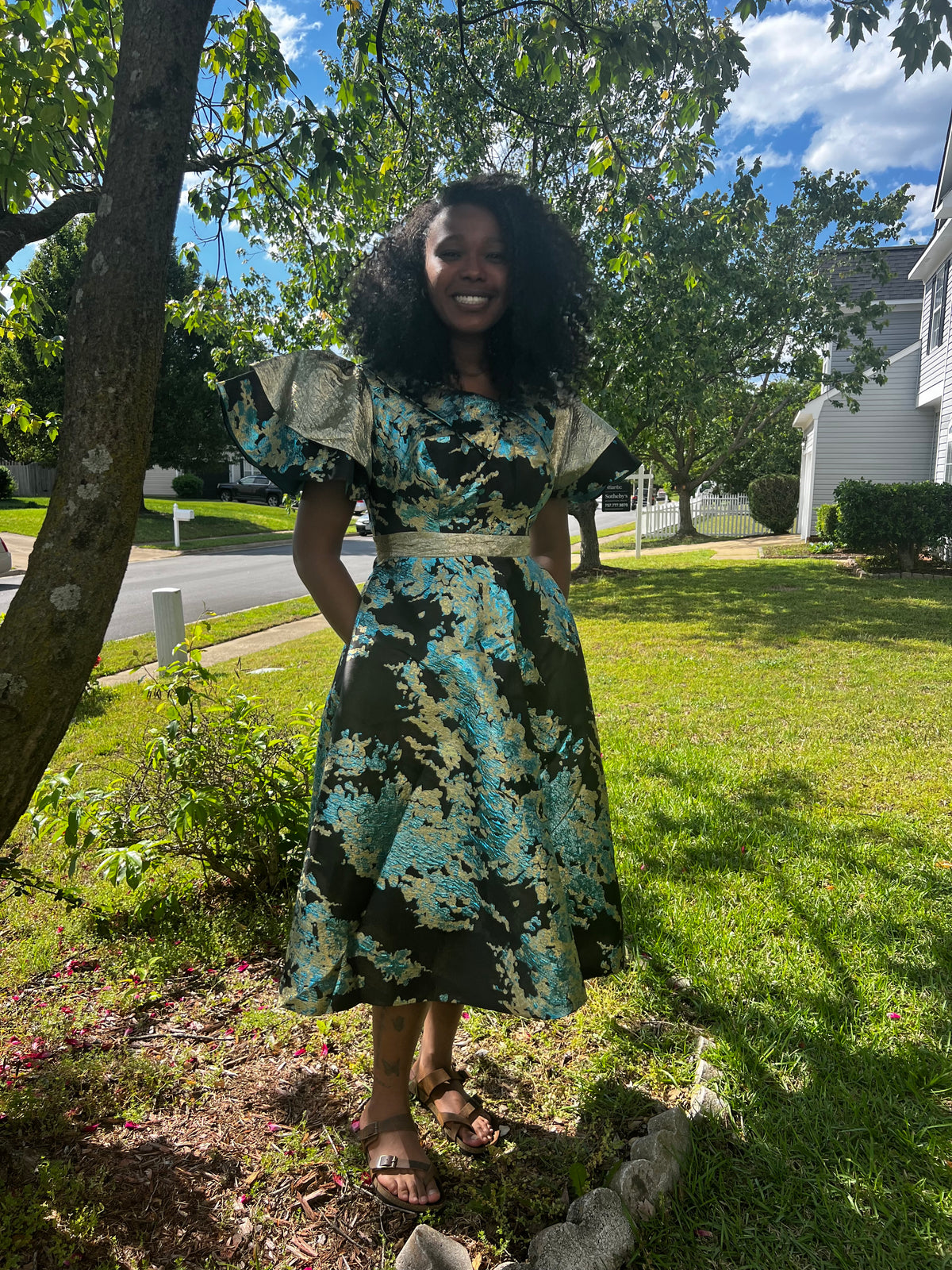 African Unique Luxury Damask Brocade Flare Dress