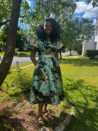 African Unique Luxury Damask Brocade Flare Dress
