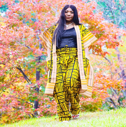 Modern Style African Print Ankara Aso-Oke/Kente Kimono 2p Pant Set Afro American Outfits