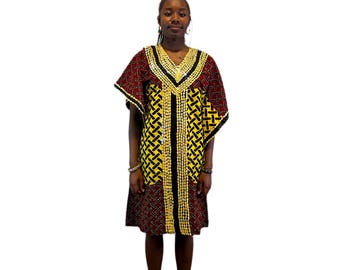African  Ankara Wax Print Hand Beaded Short  Bubu Maxi Dress