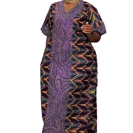 African Ankara Wax Print Kaftan Dress with Glittery Stones