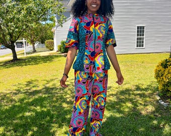 African Ankara Print Floral Front Zip 2p Pant Set