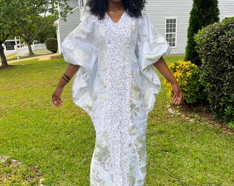 Luxury White African Damask Brocade Bubu/Boubou Maxi Dress