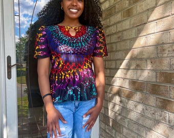 African  Ankara Wax Print Multi Colored Ethnic Fitted Tops/Blouse Afro American Outfits