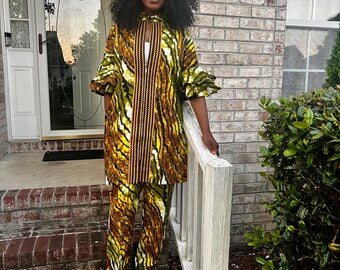African Wax Print Ankara Kimono Style Front Zipper 2p Pant Set Afro American Outfits