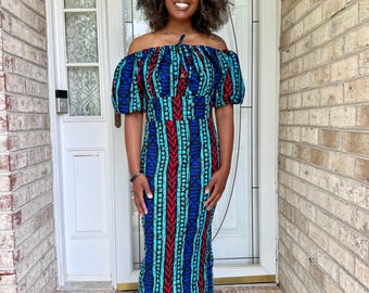 African Print Ankara Tie front/Off shoulder Fashion Dress Afro American Outfits