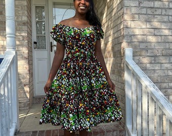 African Print Ankara Polkadot Adjustable Off Shoulder Dress