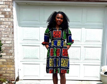 African Ankara Wax Print  Afro Tiara Dress Multicolored Dress