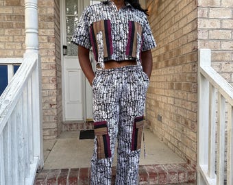 African Wax Print Ankara Mixed Aso-Oke/Kente Afro Gabriella Cropped Top 2p Pant Set