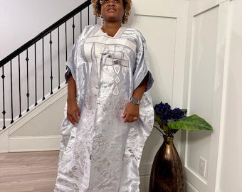 Embroidered White Damask Brocade Maxi Dress: African  Boubou Gown