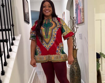 African Print Danshiki Top - Ethnic Women's Blouse, 100% Cotton