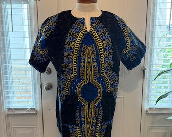 African Ethnic Print Men Danshiki Top, Modern Cotton