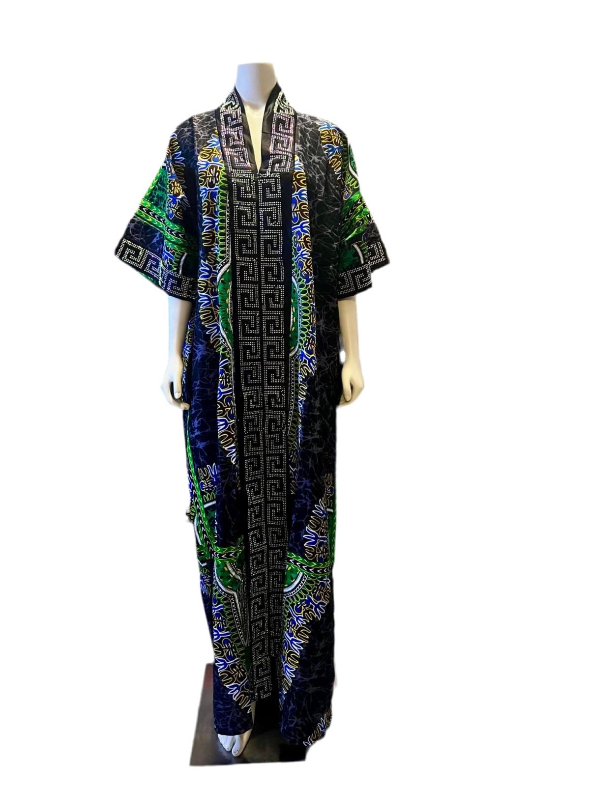 African  Ankara Wax Print Kimono Stoned Kaftan Dress