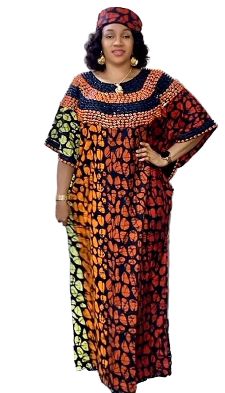 African Ankara Hand Beaded Round Neck Maxi Bubu/Dress