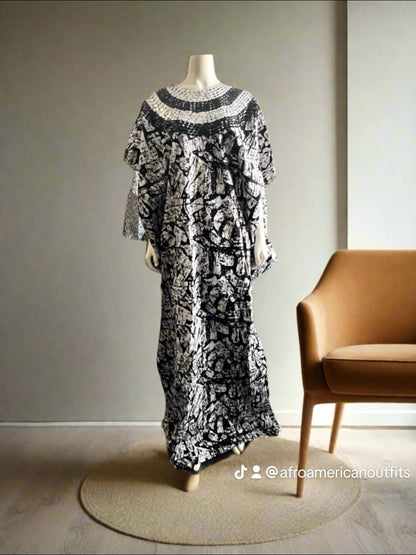 African Ankara Hand Beaded Round Neck Maxi Bubu/Dress