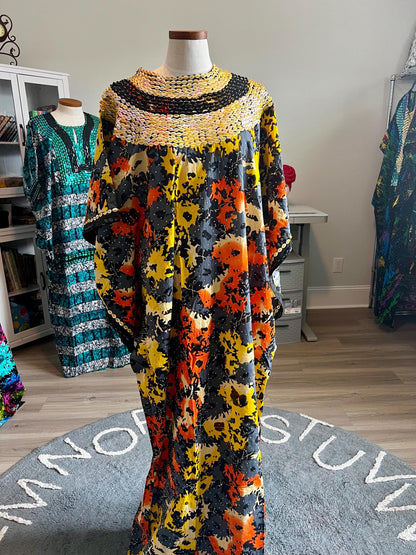African Ankara Hand Beaded Round Neck Maxi Bubu/Dress