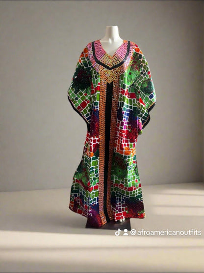 African Print Ankara Hand Beaded Bubu Maxi Dress