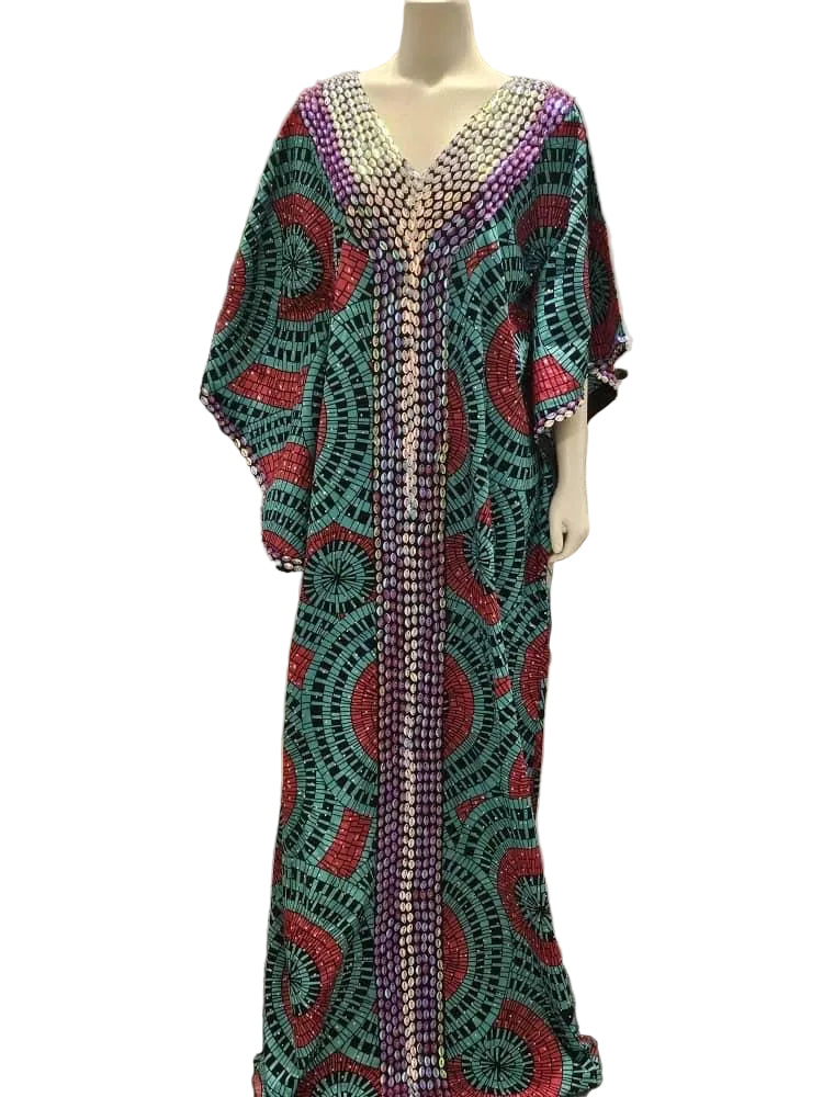 African Print Ankara Hand Beaded Bubu Maxi Dress