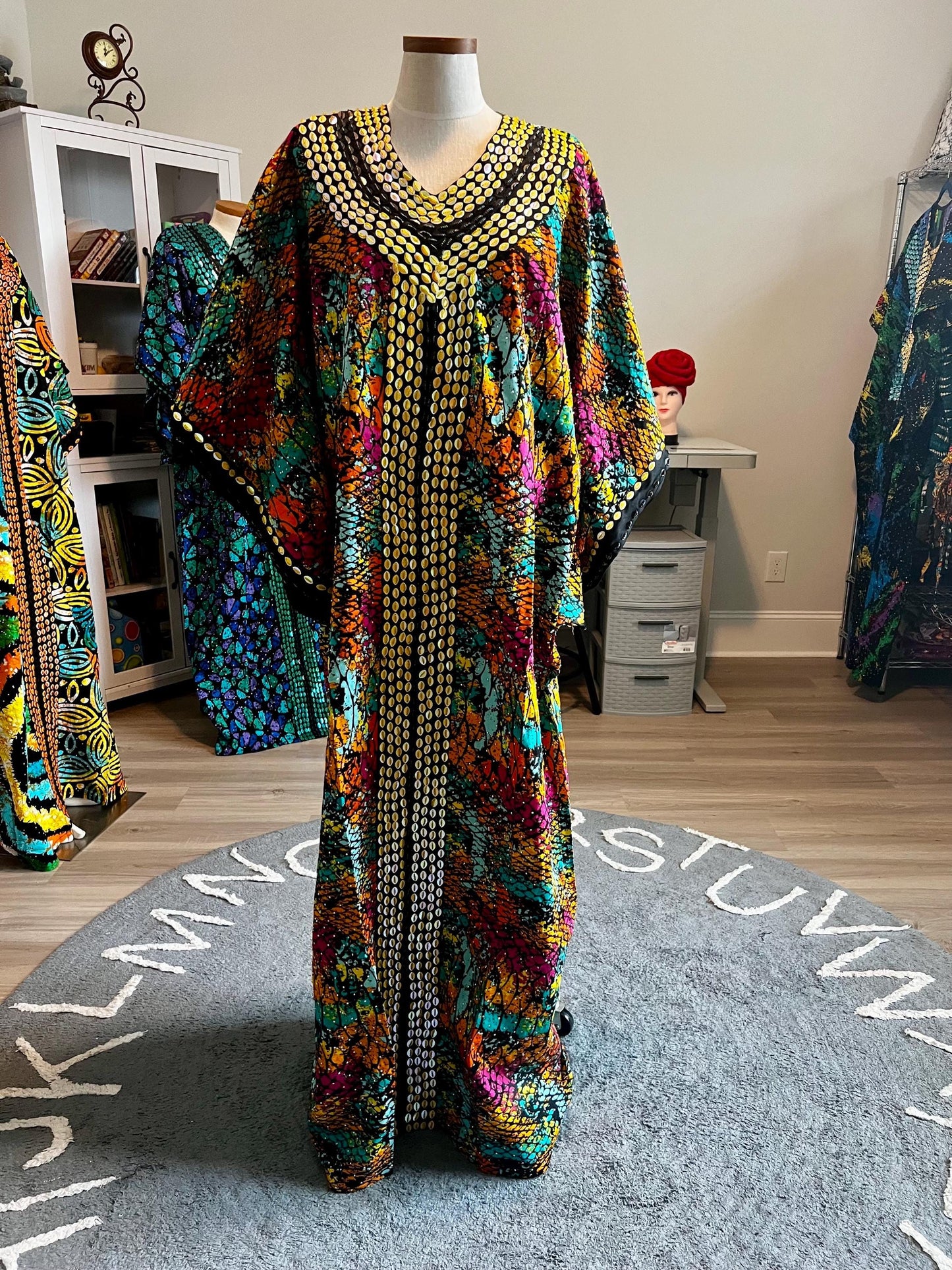African Print Ankara Hand Beaded Bubu Maxi Dress