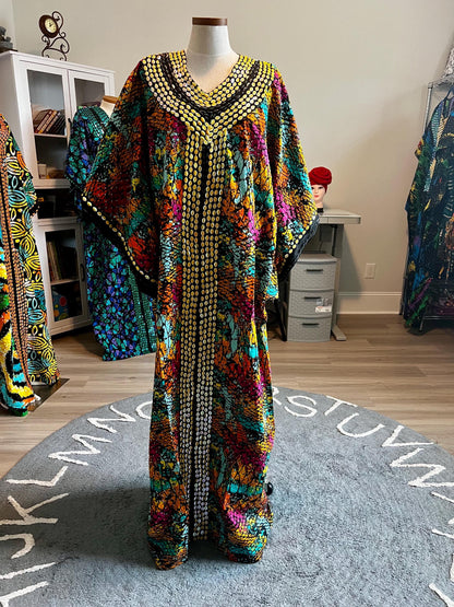 African Print Ankara Hand Beaded Bubu Maxi Dress