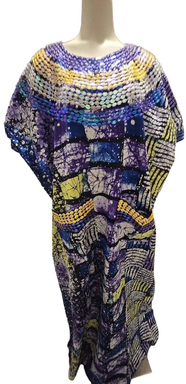 African Ankara Hand Beaded Round Neck Maxi Bubu/Dress