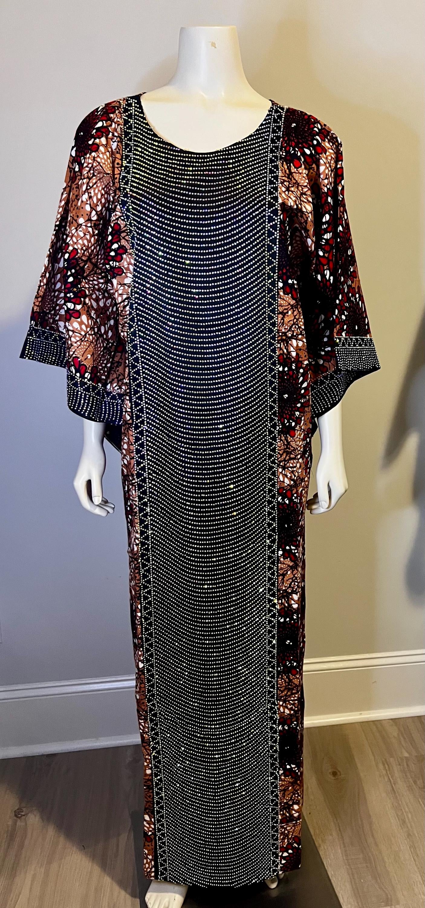 African Ankara Wax Print Kaftan Dress with Glittery Stones