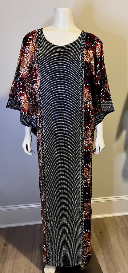 African Ankara Wax Print Kaftan Dress with Glittery Stones