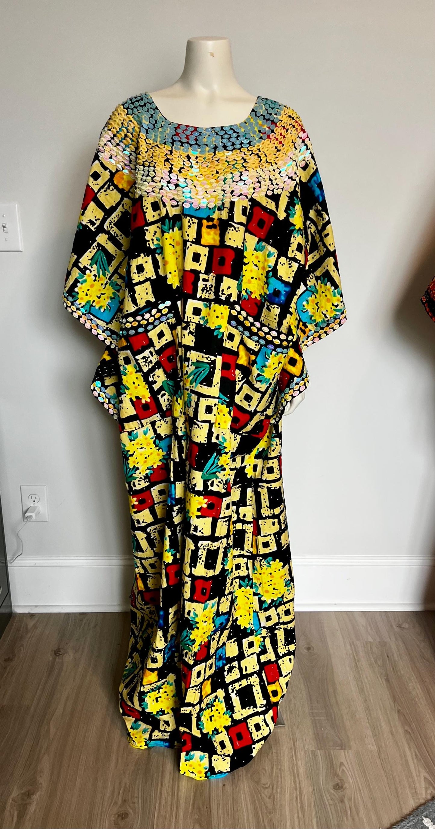 African Ankara Hand Beaded Round Neck Maxi Bubu/Dress