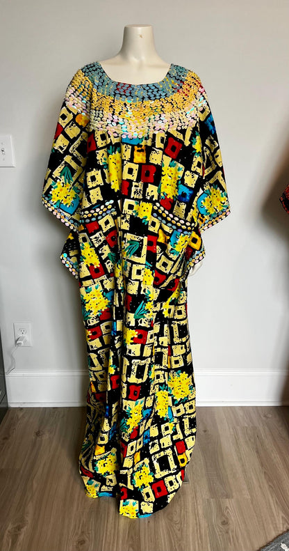 African Ankara Hand Beaded Round Neck Maxi Bubu/Dress