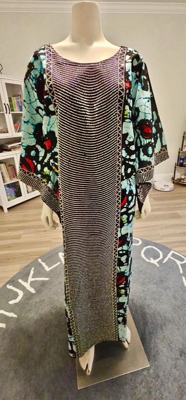 African Ankara Wax Print Kaftan Dress with Glittery Stones