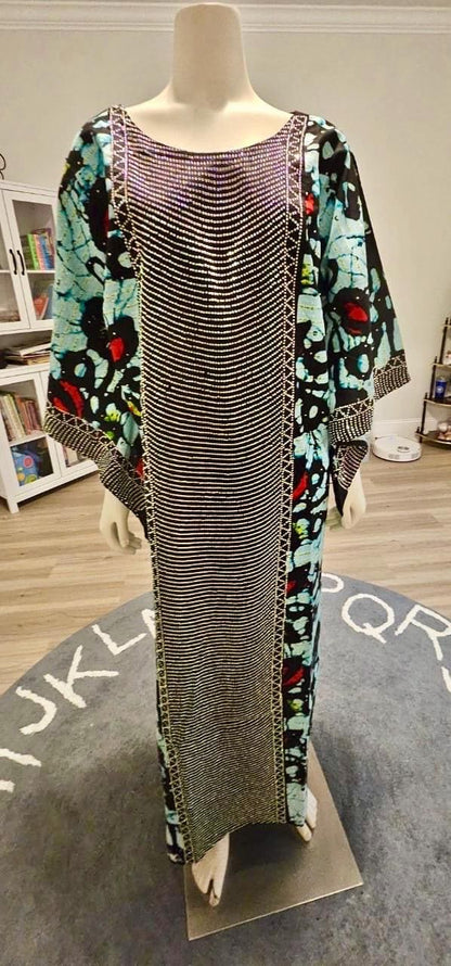 African Ankara Wax Print Kaftan Dress with Glittery Stones