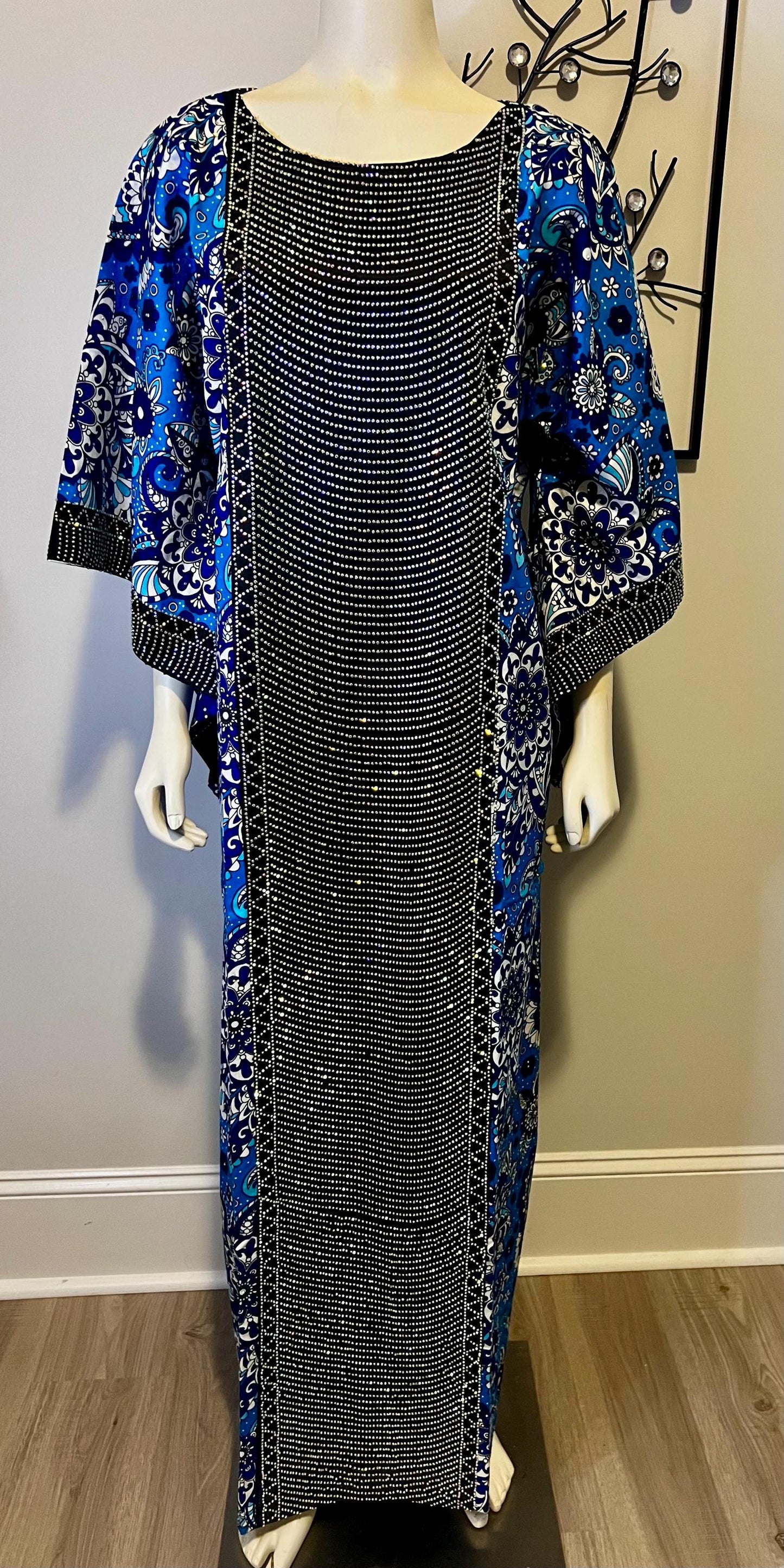 African Ankara Wax Print Kaftan Dress with Glittery Stones