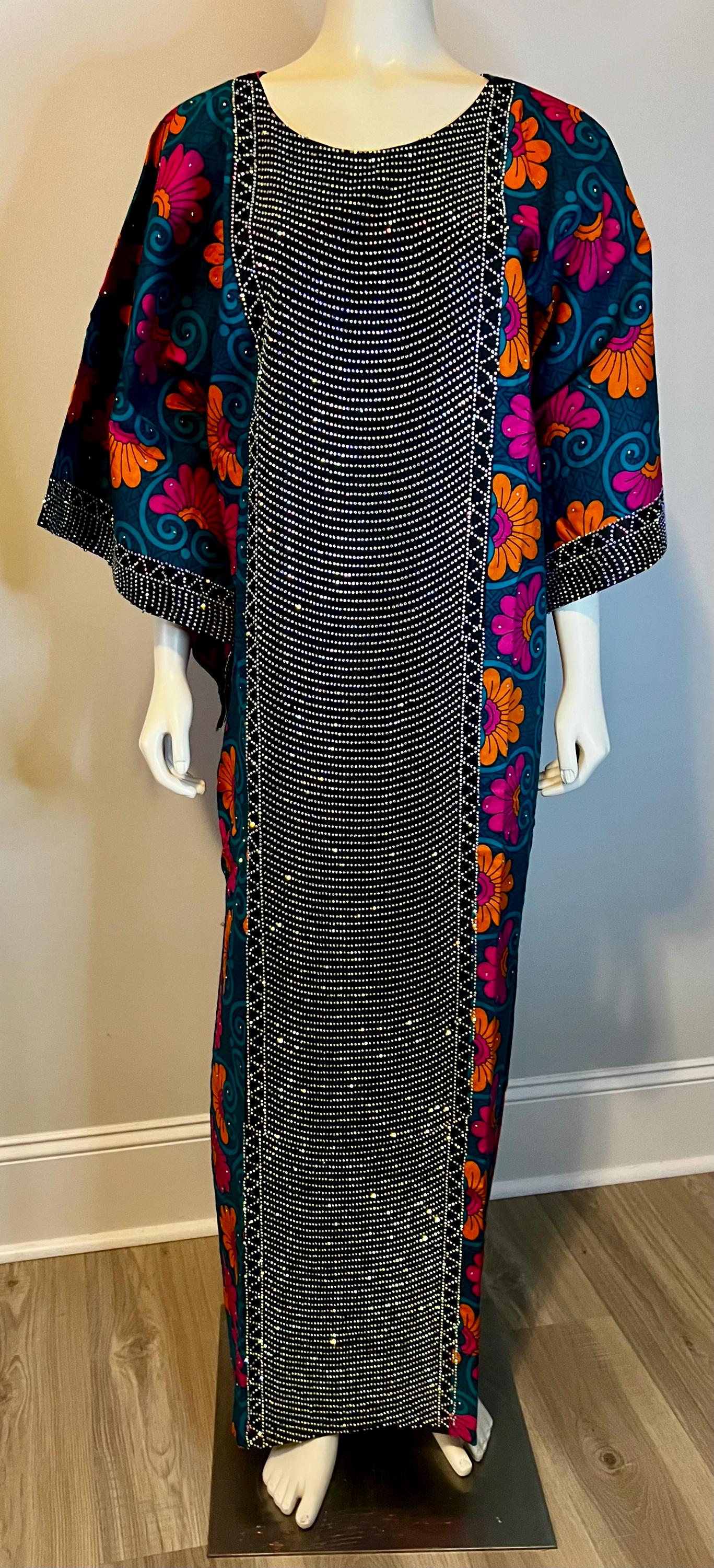 African Ankara Wax Print Kaftan Dress with Glittery Stones