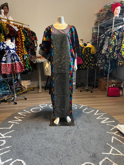 African Ankara Wax Print Kaftan Dress with Glittery Stones