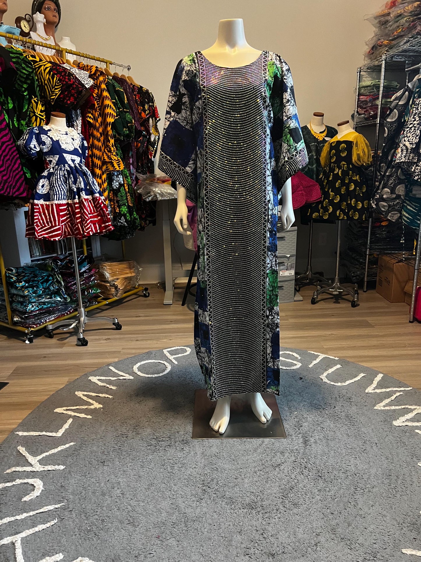 African Ankara Wax Print Kaftan Dress with Glittery Stones